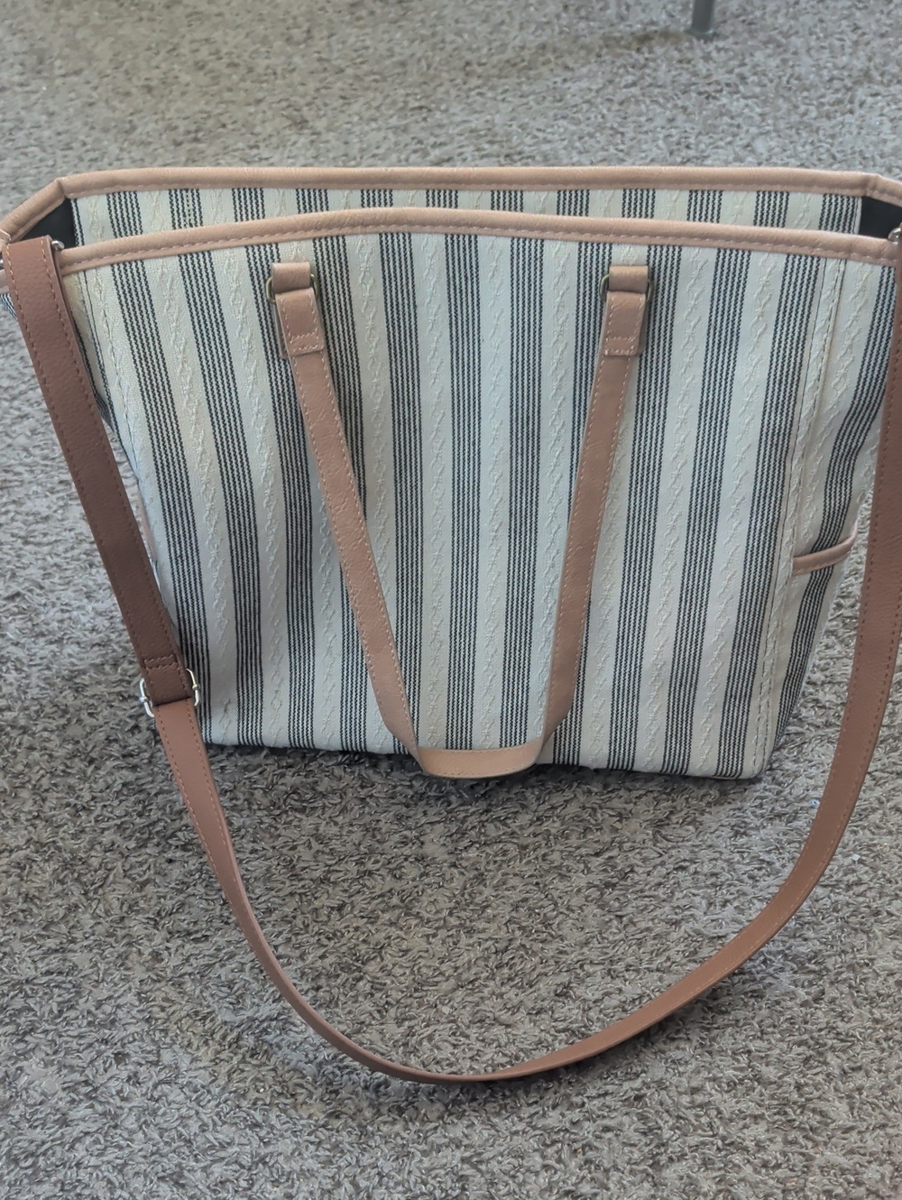 thirty-one Cream and Black Striped Tote with Tan Trim and Strap